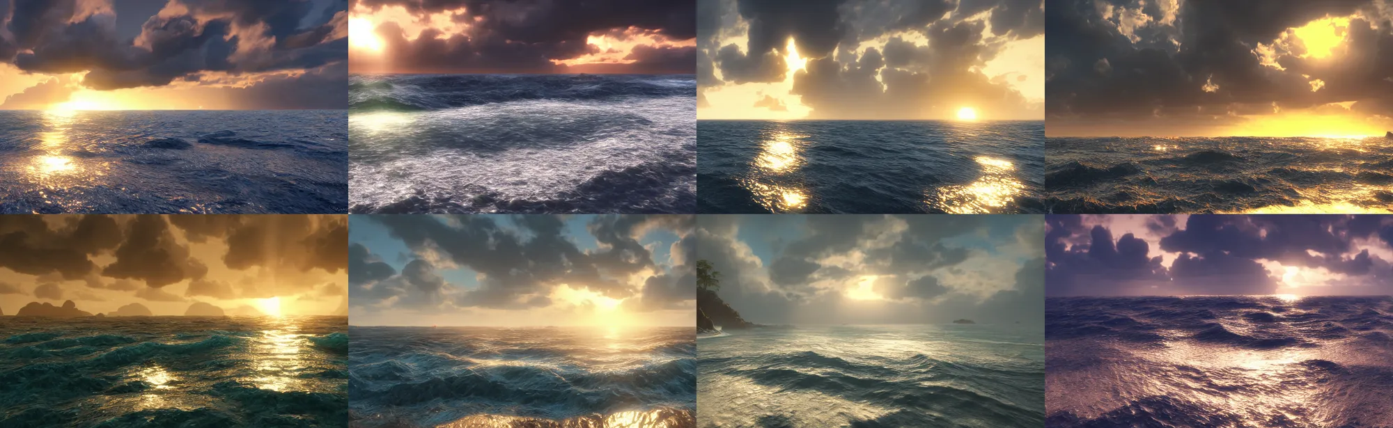 Prompt: Sun coming in the sea after a storm, Glorious Remastered in Unreal Engine 5.1 With Lumen and Volumetrics, beautiful landscape, digital painting, realistic, 4k, trending in ArtStation, beautiful and romantic, detailed water