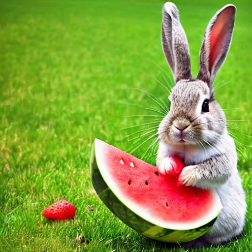 Prompt: a cute rabbit eating watermelon on the green meadow, style by roman shipunov