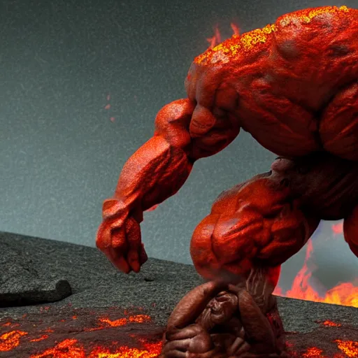 Image similar to a large, muscular, standing, humanoid, lava rock, magma, fire golem creature, burning eyes, exaggerated perspective, unreal engine, 3 5 mm pointing up