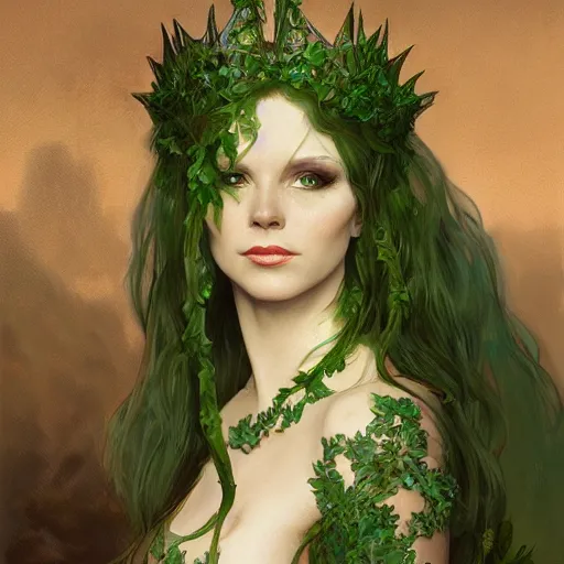 Image similar to a beautiful and detailed matte painting of poison ivy dressed as an elf queen, fantasy, d & d, dark eyeliner, intricate, elegant, highly detailed, digital painting, artstation, concept art, matte, sharp focus, illustration, art by greg rutkowski and alphonse mucha