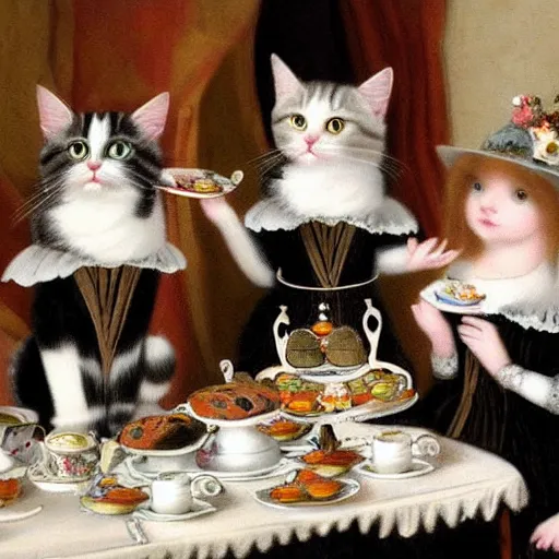 Prompt: a long hair calico cat a short hair calico cat and a short hair grey tabby cat attend a fancy english tea party, flickr explore