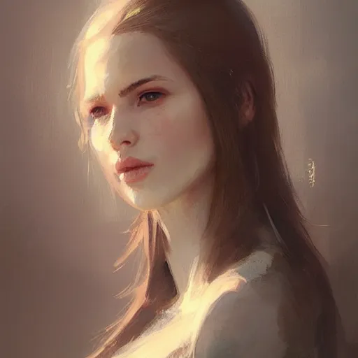 Image similar to Portrait of a woman by Greg Rutkowski, she is about 20 years old, brown long and straight hair, pretty oval face, attractive, sharp lines, Artstation HQ