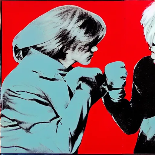 Prompt: andy warhol punching andy warhol, art by andy warhol