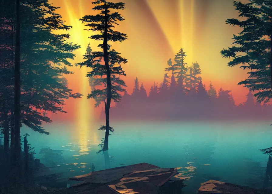 Prompt: a retrowave style artwork of lake winnipesaukee national park, a land of the dead, divine, hazy, volumetric lighting, spacetime bending, very detailed, serene, gold accents, washed out colors, beautiful artwork, master level composition, raytracing