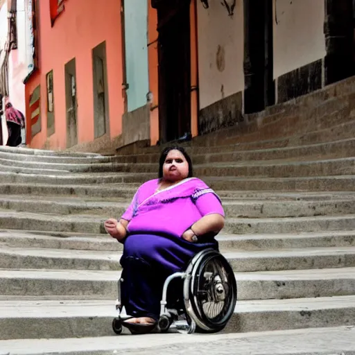 Image similar to an obese indian woman in a wheelchair on steps in Porto, detailed photo