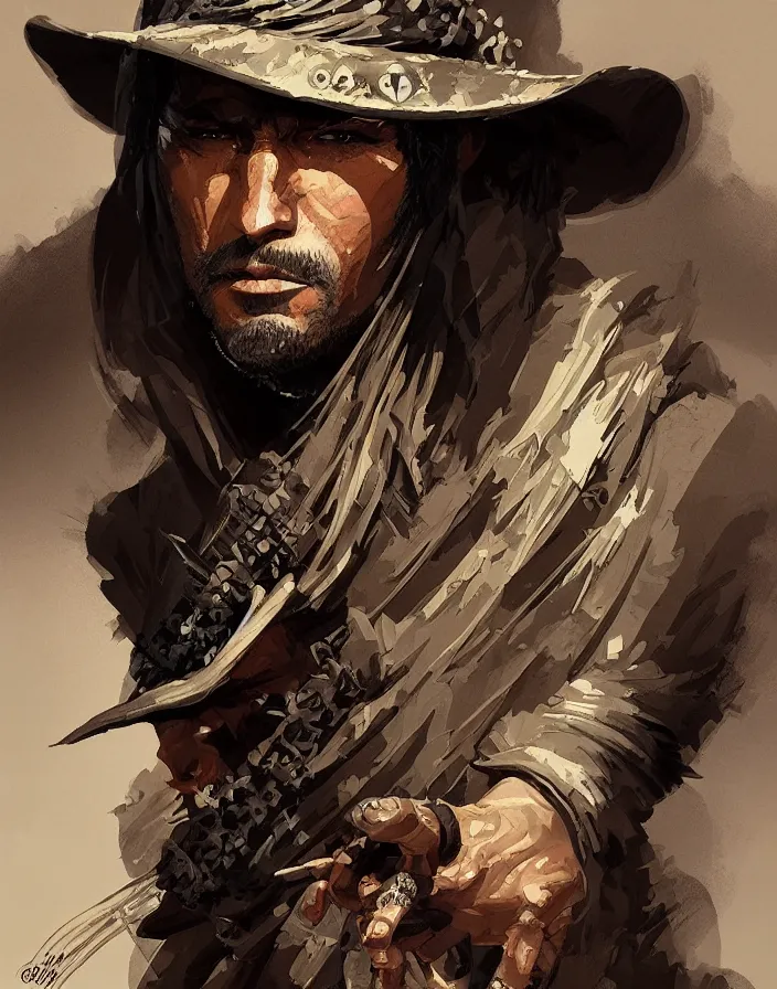 Image similar to misterious gaucho bandido commander, shady look, a raggy long poncho, magic the gathering, ready to shoot, intricate, highly detailed, digital painting, artstation, concept art, sharp focus, illustration, geometric dripped ink background, art by Artgerm, Grafit Studio, and Greg Rutkowski and Craig Mullins