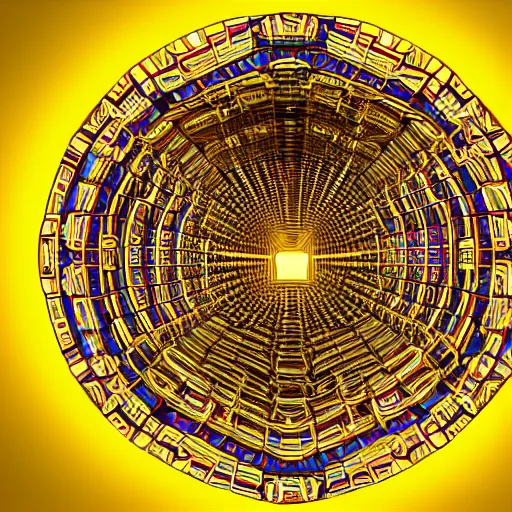 Image similar to vivid illustration of a person choosing between tunnels inside a highly intricate torus with detailed golden ornamentation and golden light, choosing between pathways