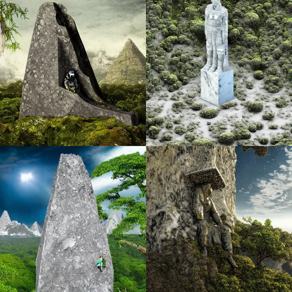 Prompt: marble monument of astronaut on top of hill covered by lichen in jungles and mountains and pyramids by repin, detailed, digital art, matte, 4k resolution