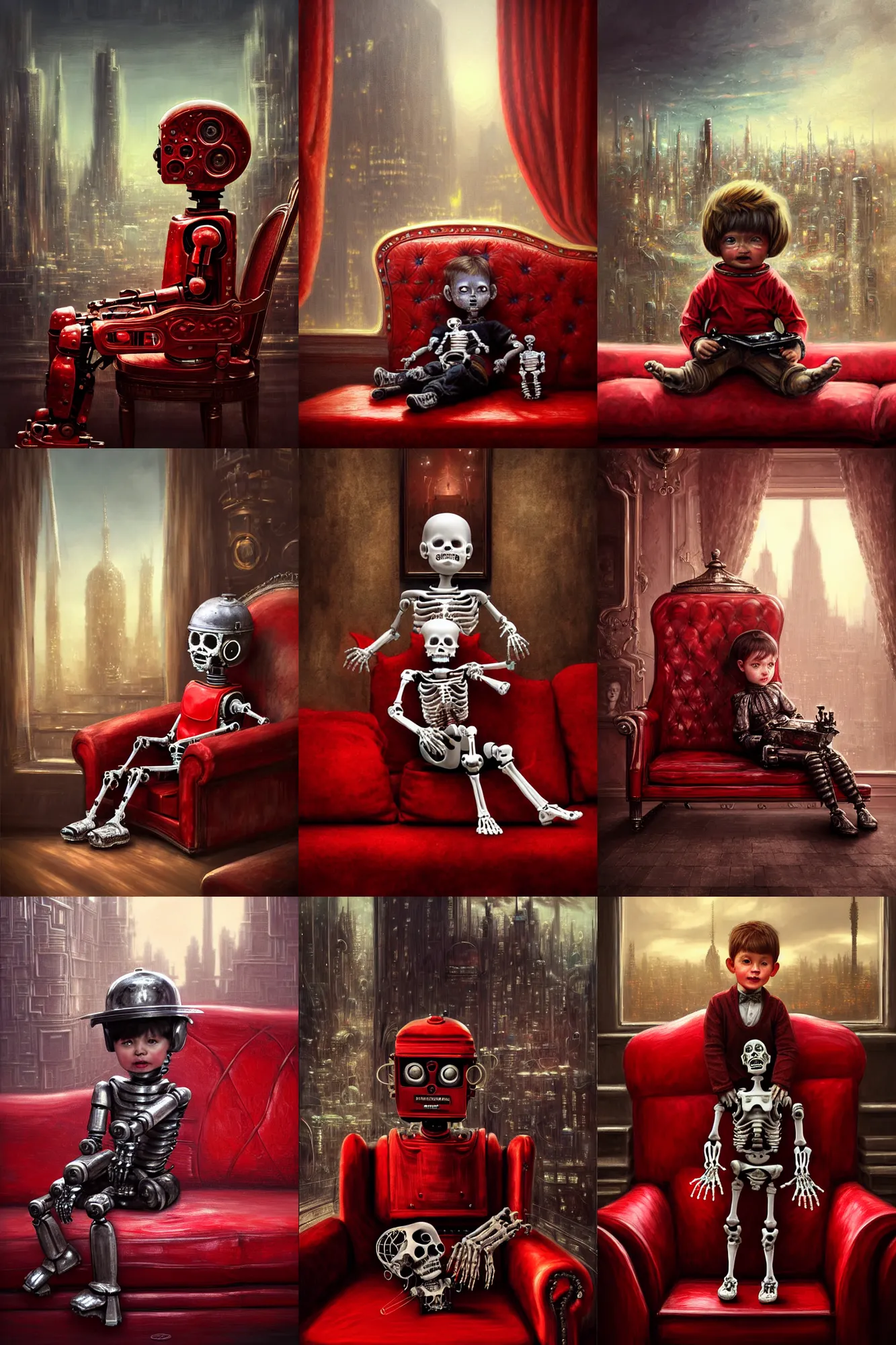 Prompt: photorealistic portrait photograph of a victorian robot child sitting on sofa, red sofa made of human bones, surreal cityscape background, fantasy, depth of field, highly detailed, intricate, realistic, soft glow, textured, artstation, concept art, sharp focus, illustration, painting by konan lim and durmus bahar