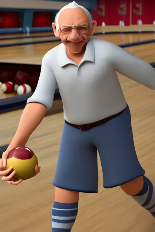 Image similar to a stylized 3 d old man character bowling, wearing short shorts, long socks and a bowlers shirt