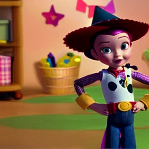 Prompt: a film still of a little witch in toy story 3