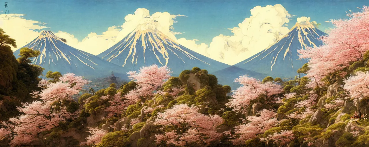 Image similar to ghibli illustrated background of a strikingly beautiful over a volcano with cherry blossom by eugene von guerard, ivan shishkin, albert edelfelt, john singer sargent, 4 k