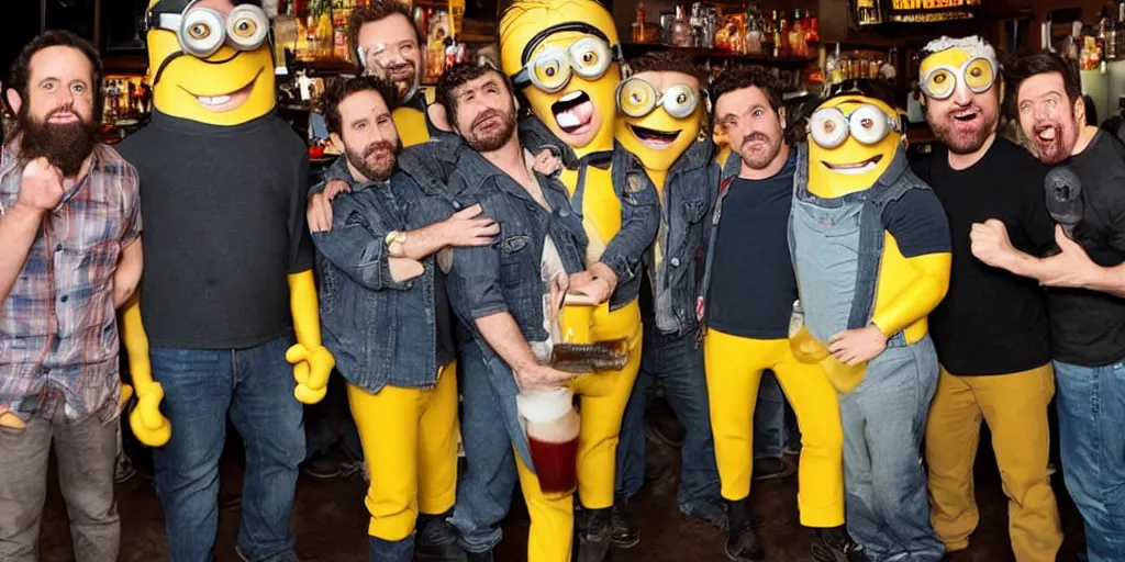 Prompt: the gang from Always Sunny in Philidelphia hanging out with the Minions at their bar, FX TV show, lenses, sitcom