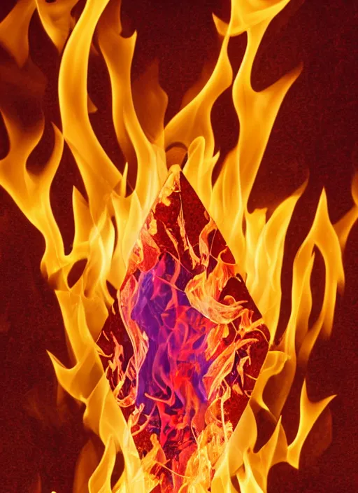 Prompt: card back of a crystal engulfed in flames