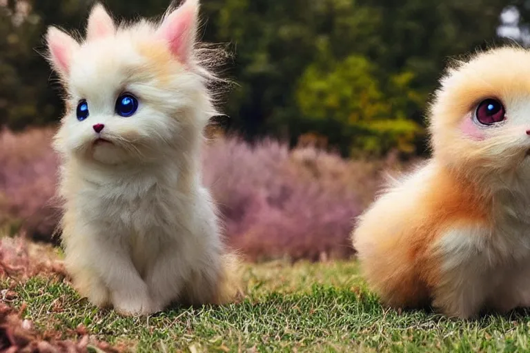 Image similar to real life pokemons, cute!!!, content!!!, mischievous!!!, adorable!!!, little furballs, fluffy!!!, ultra realistic!!!, golden hour, sharp focus