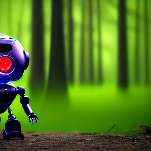 Image similar to a cute little robot in a wood. super realistic 8 k render of a dark hooded powerful elegant, cinematic composition