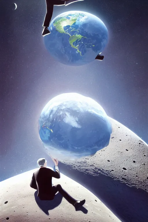 Image similar to Man sitting on the moon with a view of the earth in the background, elegant, digital painting, highly detailed, artstation, concept art, smooth, sharp focus, illustration, art by artgerm and greg rutkowski.