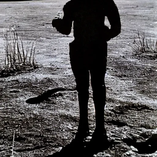 Image similar to photograph of a man clad in shining black metallic armor holding a piece of back wool, standing in front of a nuclear wasteland at night