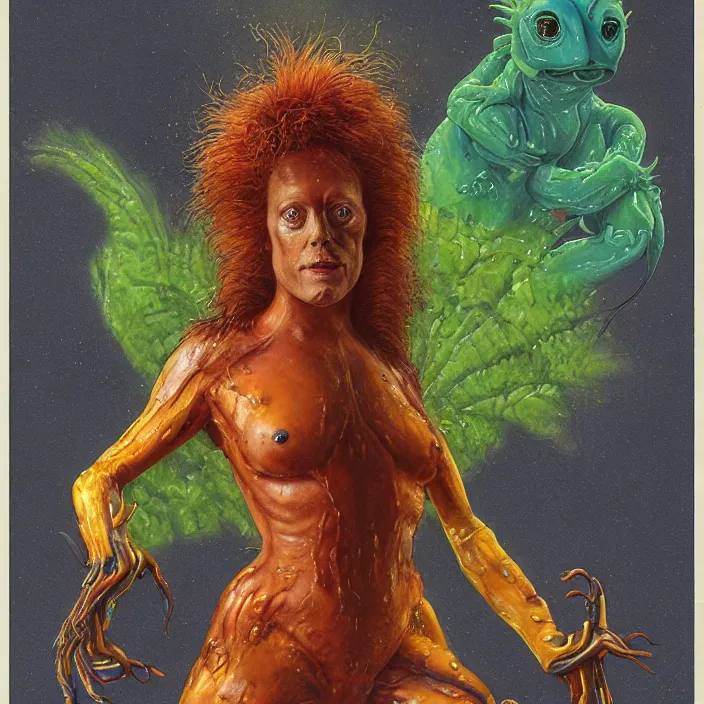 Image similar to a portrait photograph of sigourney weaver as a brightly colored harpy salamander hybrid with wet mutated skin. wearing a prosthetic organic catsuit like a dominatrix. by tom bagshaw, donato giancola, hans holbein, walton ford, gaston bussiere, brian froud, peter mohrbacher and magali villeneuve. 8 k, cgsociety