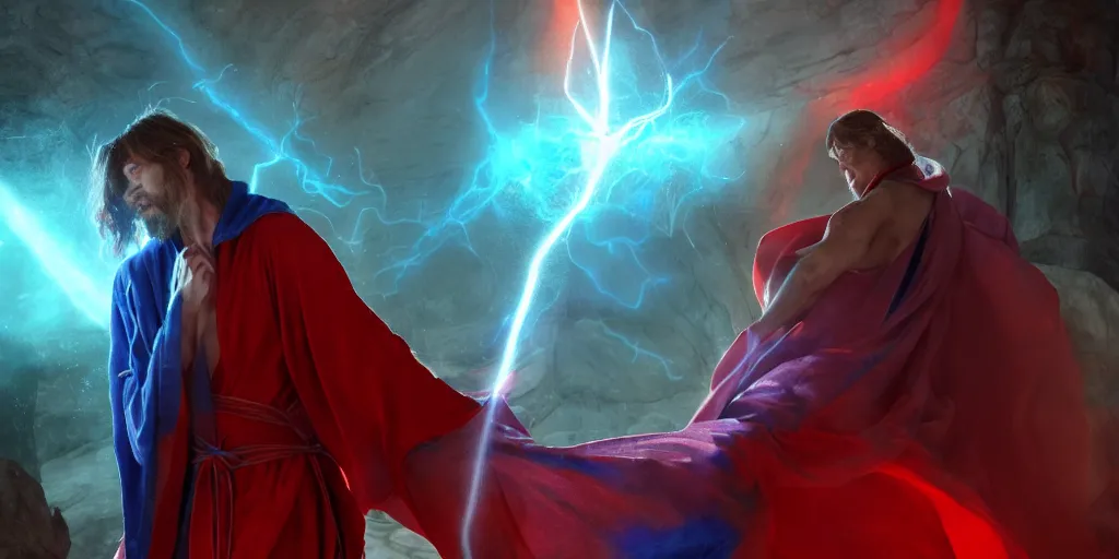 Image similar to a caucasian male mage in a flowing robe, he is casting a spell with blue and red colors. light rays, medium shot, waist up, sharp focus, bloom, dramatic lighting, very detailed, unreal engine, octane render, trending on artstation, by jason chan, john j. park, maciej kuciara and dan luvisi style