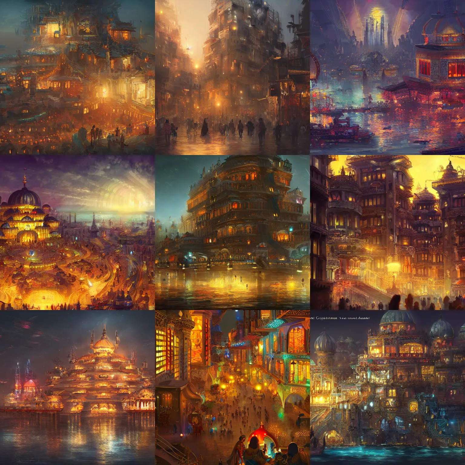 Image similar to Amagical eastern civilization at night, built around ocean, full with people, a lot of lights, multi layered huge architectures. Trending on artstation