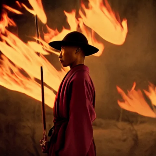 Image similar to cinematic film still Pharrell Williams starring as a Samurai holding fire, Japanese CGI, VFX, 2003, 40mm lens, shallow depth of field,film photography