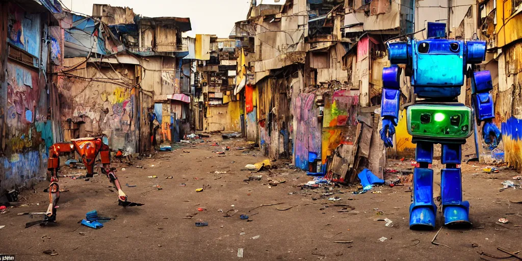 Image similar to colourful - damaged - giant mecha ROBOT of neon lit AJEGUNLE SLUMS of Lagos, markings on robot, Golden Hour,