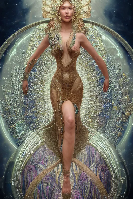 Image similar to a highly detailed portrait of a beautiful alien woman goddess bella hadid in iris van herpen dress in diamonds and fractals in style of alphonse mucha art nuvo gustav klimt trending on artstation made in unreal engine 4