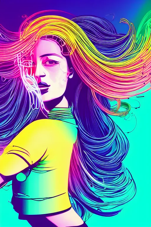 Image similar to a award winning half body portrait of a beautiful woman with stunning eyes in a croptop and cargo pants with rainbow colored ombre hairstyle head in motion and hair flying by thomas danthony, outlined by whirling illuminated neon lines, microphone, outrun, vaporware, shaded flat illustration, digital art, trending on artstation, highly detailed, fine detail, intricate