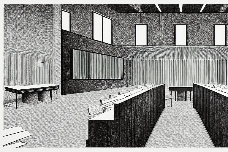 Image similar to editorial illustration by Karolis Strautniekas and Mads Berg, courtroom the bench, fine texture,detailed, matte print