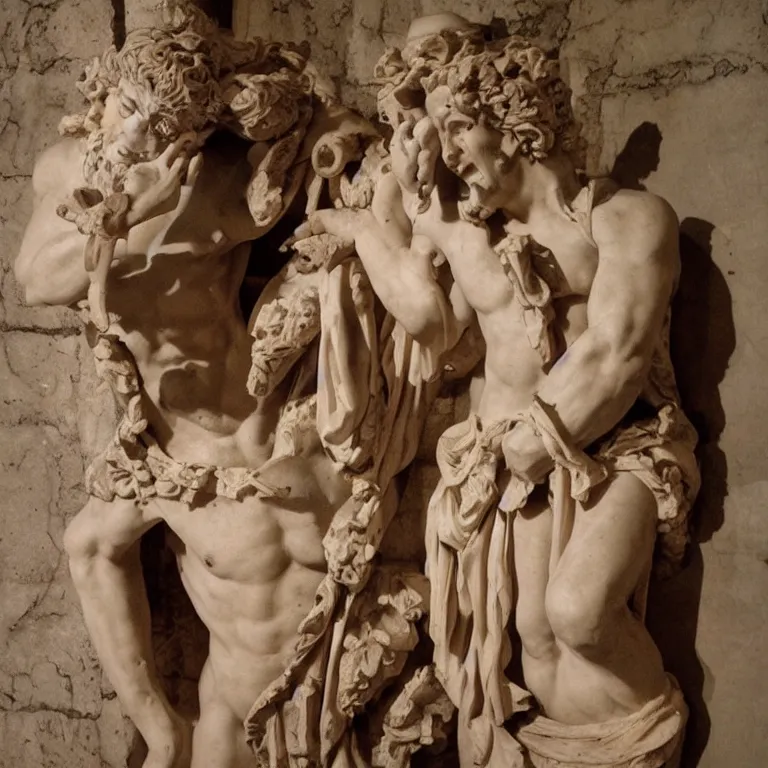 Prompt: at the rave, Dionysus drinks wine to forget his painful memories, ancient greek sculpture