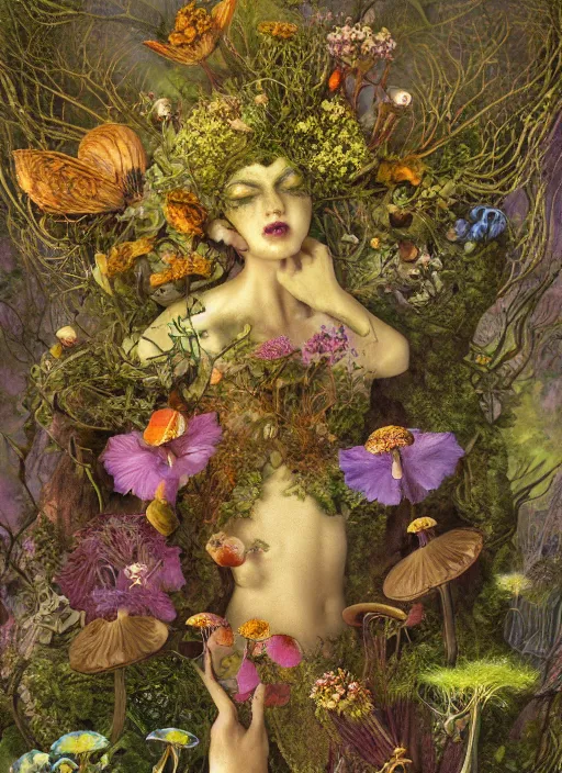 Image similar to arabesques grotesque painting with mushrooms, dandelions, crystals, ferns, beautiful fairy faces mixed in, by james jean and hiroshi yoshida and brian froud, photo, textured, colorful, 8 k resolution