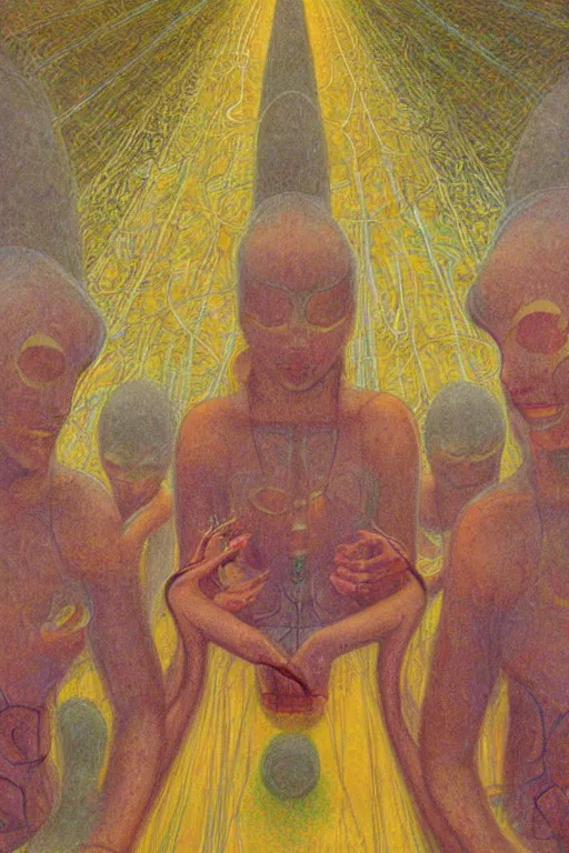 Image similar to realistic portrait of an engineer woman programming the samsara holy cluster, fine portrait, concept art, stunning, visionary, by brecht evens, by jean delville, by francis bacon