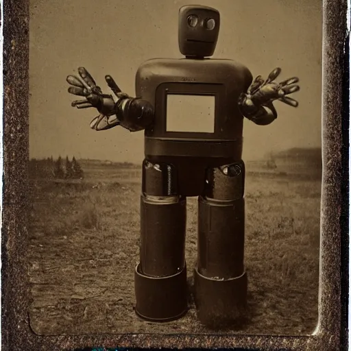 Prompt: humanoid robot, advanced humanoid robots, sleek robot, in log cabin living room, tintype photograph, daguerrotype, 1 8 7 0 s photograph