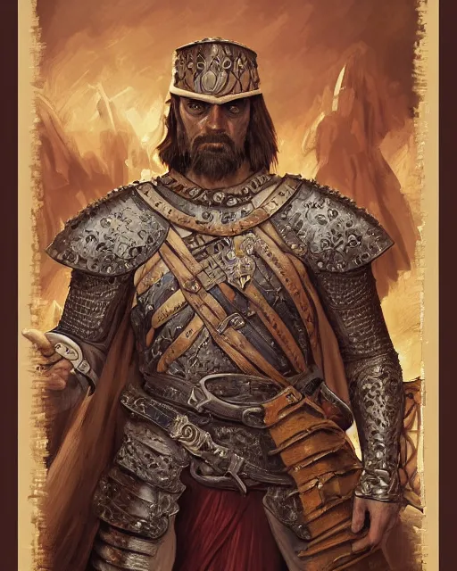 Image similar to digital painting of an angry spanish conquistador by filipe pagliuso and justin gerard, symmetric, detailed, intricate, portrait, digital painting, sharp focus, tarot card