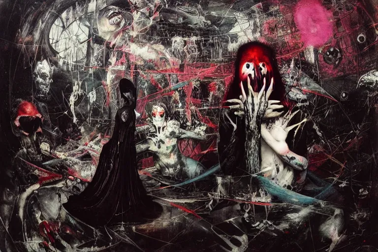 Prompt: Eventually even those who avoided the world were drawn into its madness. in a brutalist architecture space ship, gothic, rich deep colours, creepy, diabolical, dark, mystical, intrincate, maximalism, painted by Francis bacon, Adrian ghenie, James jean and Petra cortright part by Gerhard Richter, part by Takato Yamamoto. 8k masterpiece