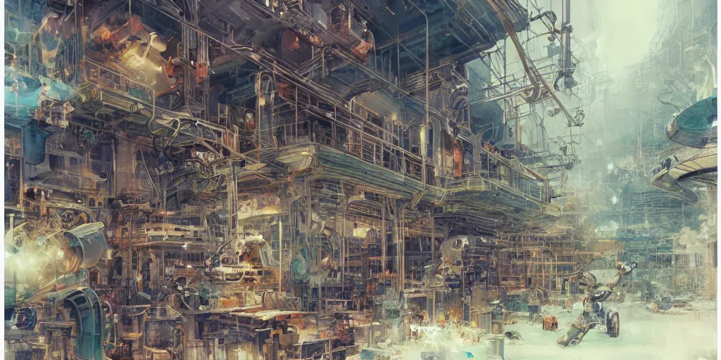 Prompt: a beautiful insanely intricate watercolor illustration of robot making factory, reflexions, colorfull, by william turner art, by greg rutkowski, by james jean, by rossdraws, by frank franzzeta, by sakimichan, by edmund dulac, trending on artstation, insanely detailed, masterpiece,