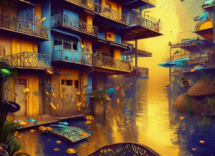 Image similar to art nouveau favela, underwater environment, scenery, professional, award - winning, trending on artstation, hyper detailed, realistic, beautiful, emotional, shiny, golden, picture