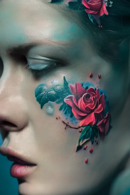 Image similar to hyperrealistic hyper detailed close-up portrait of woman covered in rococo flower tattoos matte painting concept art key sage very dramatic dark teal lighting low angle hd sharp 35mm shallow depth of field 8k
