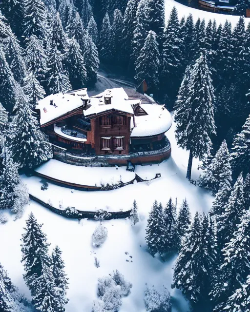 Image similar to hidden mansion in the alps with snow covered roof that was recently set on fire, zoomed out, shot from drone, iphone capture