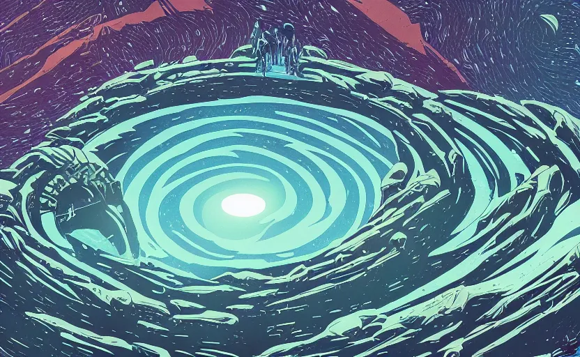 Prompt: concept art of an epic spiral galaxy in style of dan mumford and laurie greasley, in style of james gilleard, very detailed, clean lines, atmospheric, masterpiece