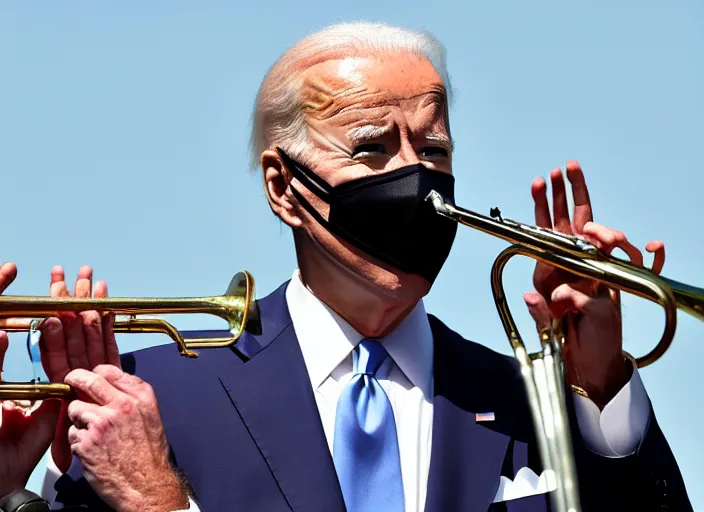 Image similar to joe biden playing the trumpet on stage at memorial day