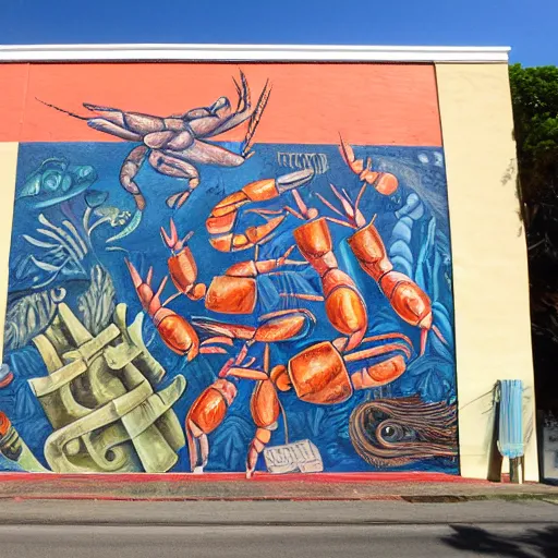 Prompt: mural of a crustacean revolution in the style of diego rivera