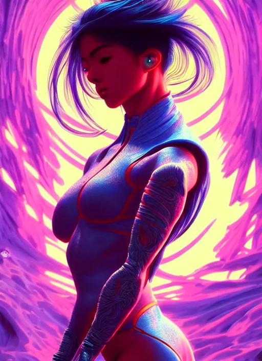 Image similar to hyper detailed ultra sharp of a beautiful ninja girl. trending on artstation, vaporwave aesthetic, synthwave, colorful, psychedelic, ornate, intricate, digital painting, concept art, smooth, sharp focus, illustration, art by artgerm and greg rutkowski and alphonse mucha, 8 k