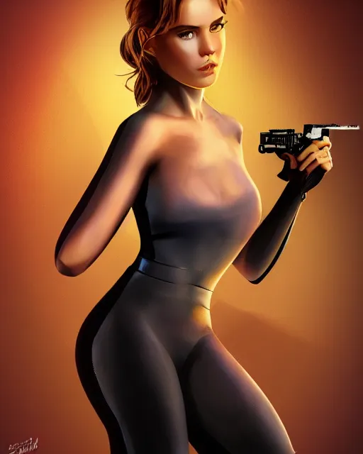 Image similar to james bond girl 2 0 2 6, award winning full length profile photography, extremely detailed, artstation, 8 k, sensual lighting, incredible art, wlop, pixar, disney, artgerm, backlit, rim lighting, hi - fructose, cellshading, intricate lineart