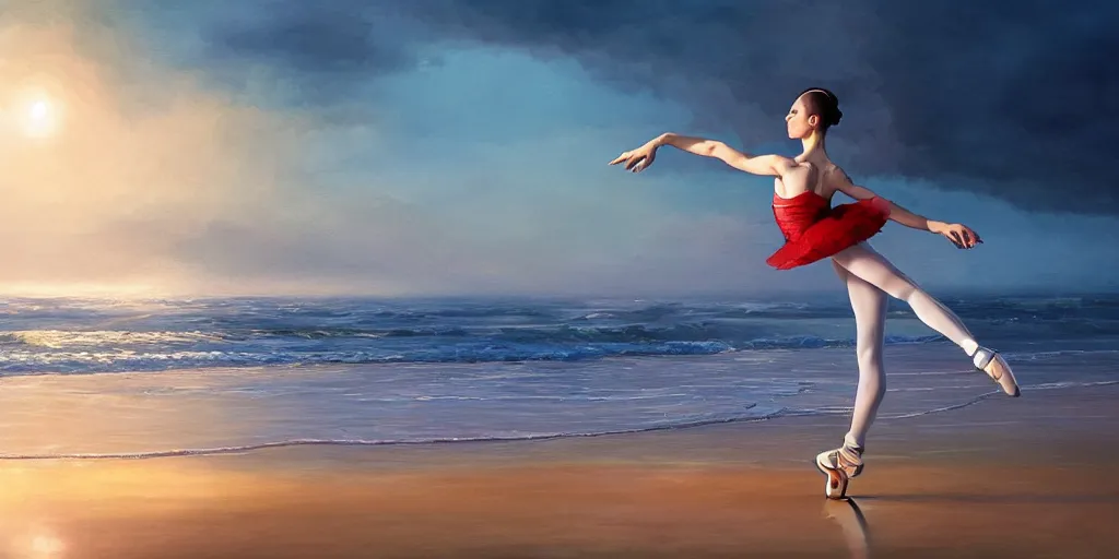 Image similar to a beautiful ballet dancer on a beach at sunrise, cinematic angle, studio Ghibli, volumetric lighting, breathtaking, beautiful composition, intricate, elegant, digital art, detailed, oil painting, hyperrealistic, sharp focus, 8k