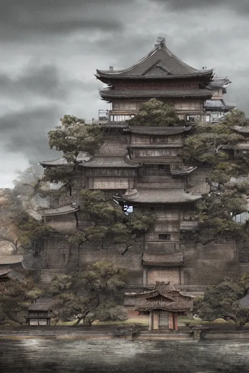 Image similar to detailed digital painting of old, ruined, japanese fort from sengoku period, overcast weather, environment concept art, photobash, overcast weather, unreal engine render, nanite