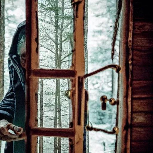 Image similar to locked in a cabin in the woods : a horror story come to life, this photo idea features a person locked in a cabin with a madman outside, trying to get in.