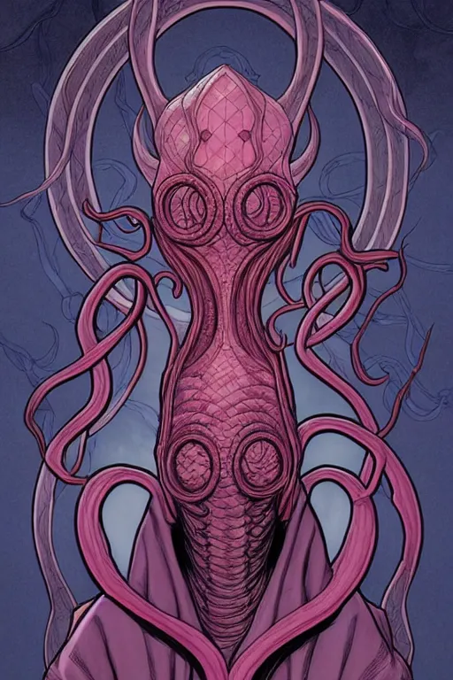 Image similar to comic cover art of an illithid, dnd, high fantasy digital illustration, by jenny frison and sana takeda, intricate details, stunning inking lines, flat colors, 4 k, hd, artstation