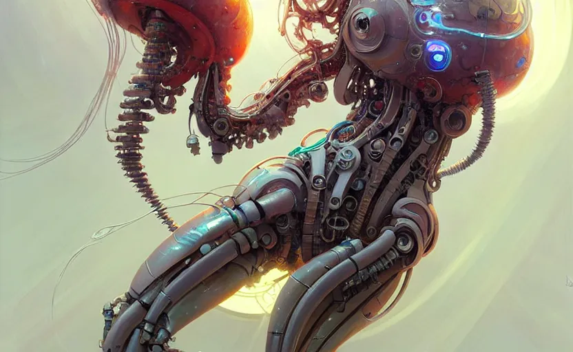 Image similar to Cyborg biomechanical jellyfish, sci-fi, highly detailed, digital painting, artstation, concept art, smooth, sharp focus, illustration, art by artgerm and greg rutkowski and alphonse mucha